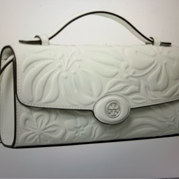 Tory Burch Robinson Embossed Floral Bag Blanc Leather New $340 - Picture 5 of 5